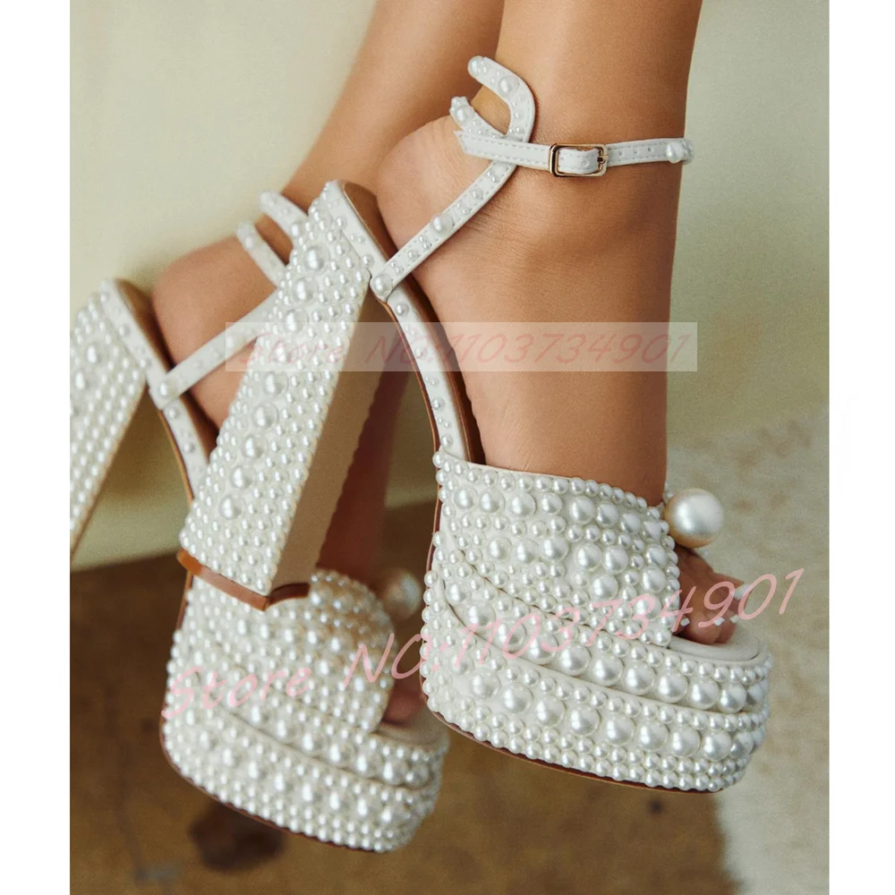 Wedding Shop - Women's White Pearl Platform Sandals Ankle