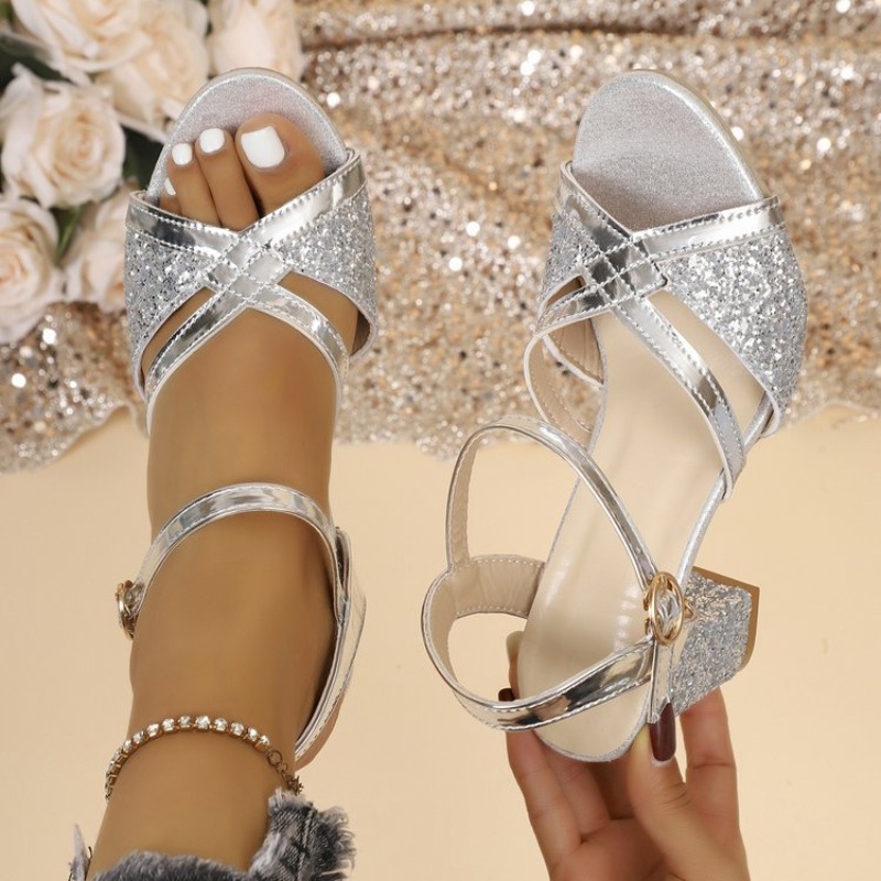 Wedding Shop - Women Block Heels Sandals Gold Sparkly
